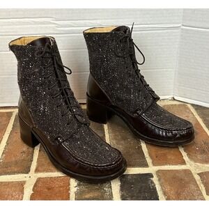 Y2K Patrick Cox Wannabe Brown Leather Ankle Boots Brown White Tweed Women's 10.5